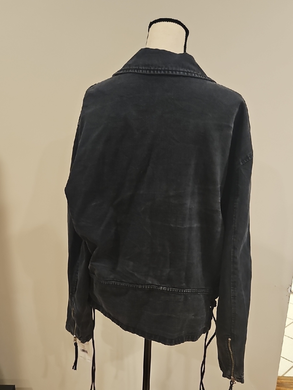 Free People Oversize Denim Motor Cycle Jacket Corsette Style Lace Sides - Picture 10 of 12